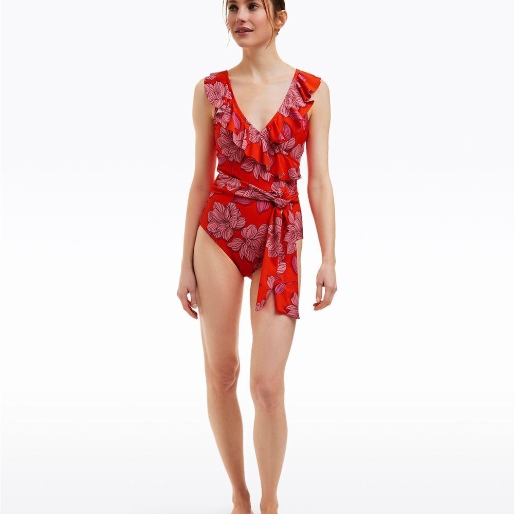 New Draper James Red Magnolia Ruffle One Piece Bathing Suit Size XXL $160